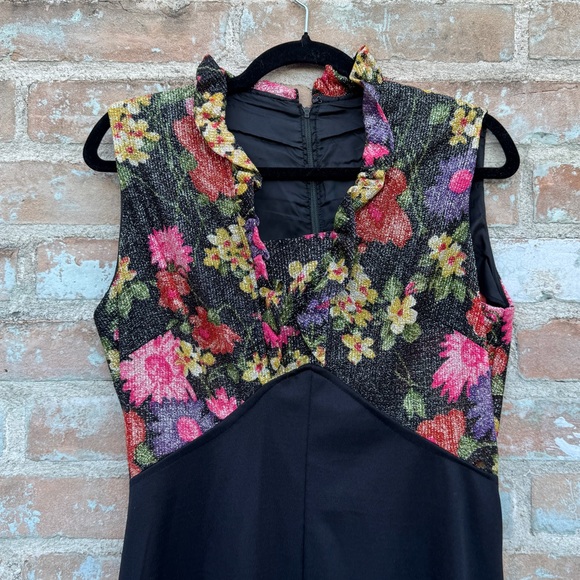 Vintage Cocktail Dress 60s 70s Lurex Floral Fit Flare A-line Sleeveless Midi - Picture 8 of 15